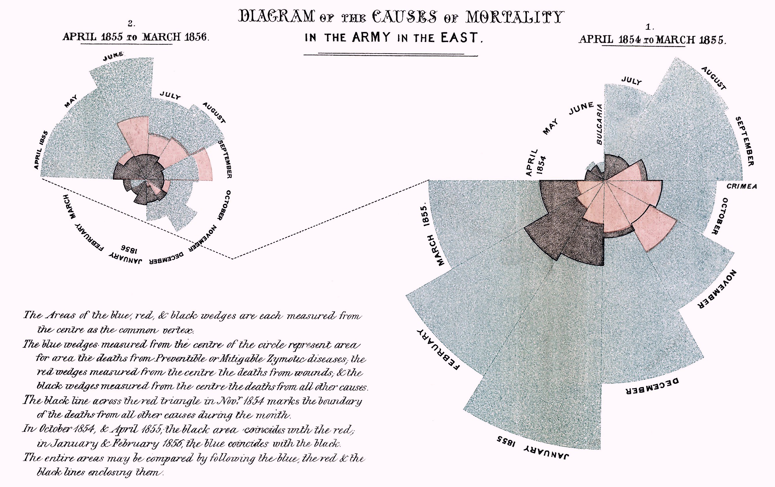 Diagram of the causes of mortality in the army in the East by Florence Nightingale.