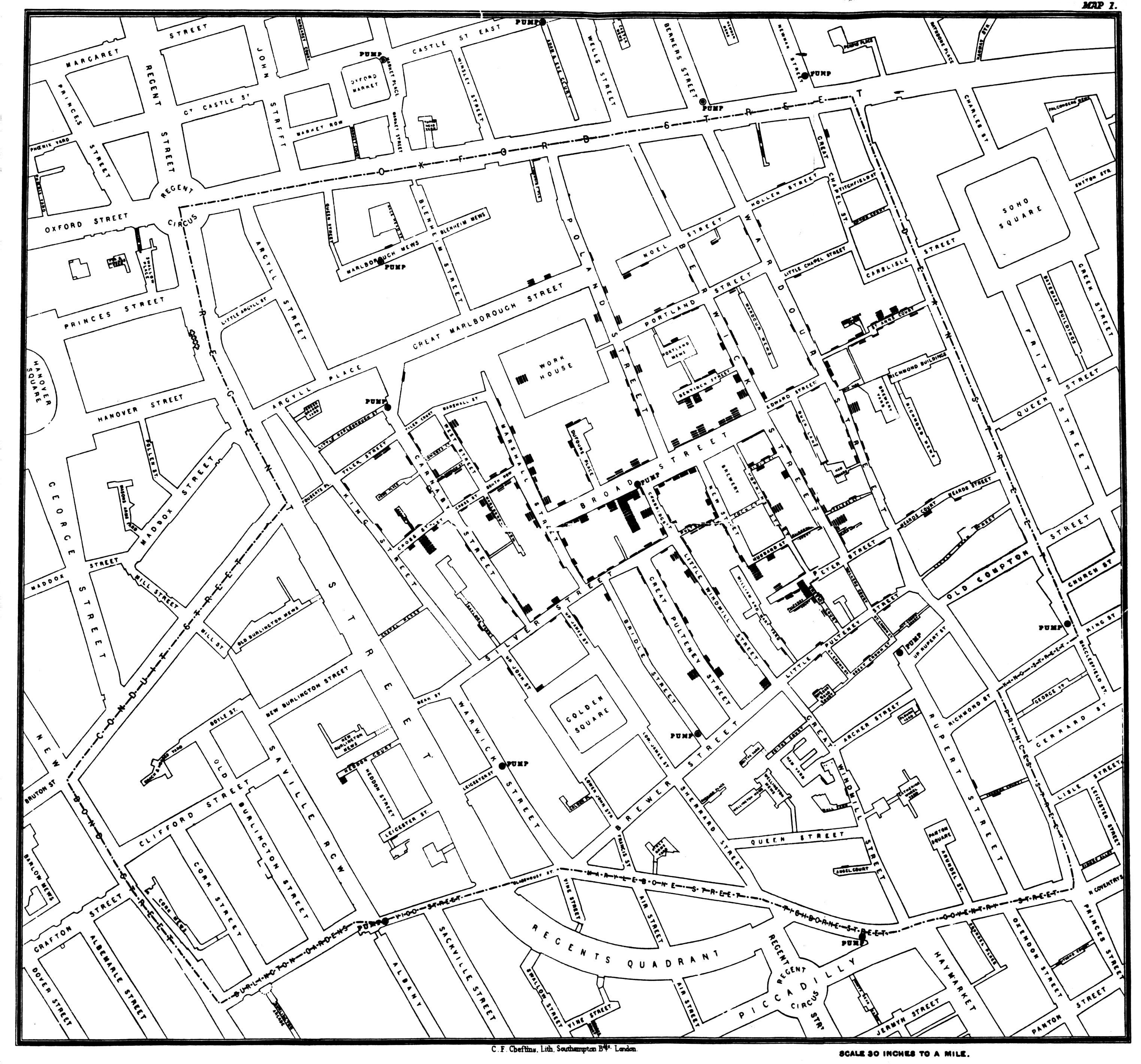 John Snow dot map of cholera cases (https://en.wikipedia.org/wiki/John_Snow).